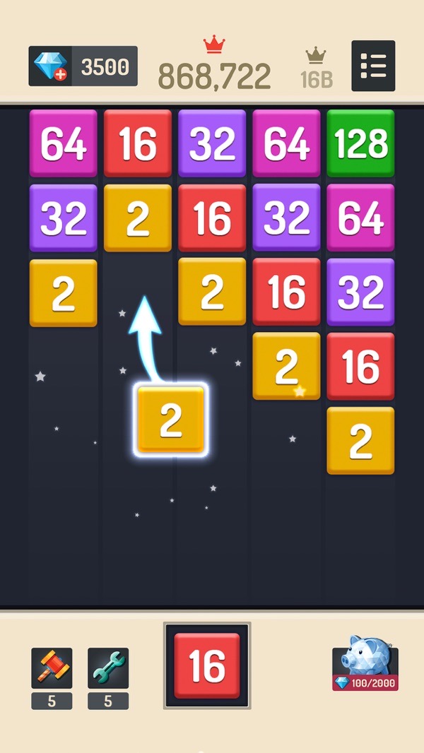 Merge Block screenshot — firing numbered blocks up columns to merge matching numbers