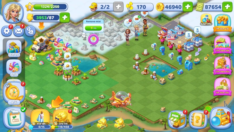 Merge County screenshot — merging items to rebuild a town, with an energy bar at the top