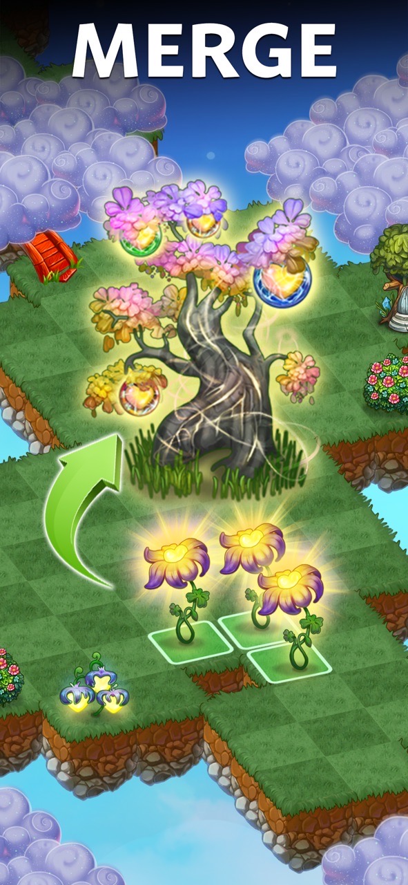 Merge Dragons screenshot — merging flowers and creatures on a fog-covered fantasy land