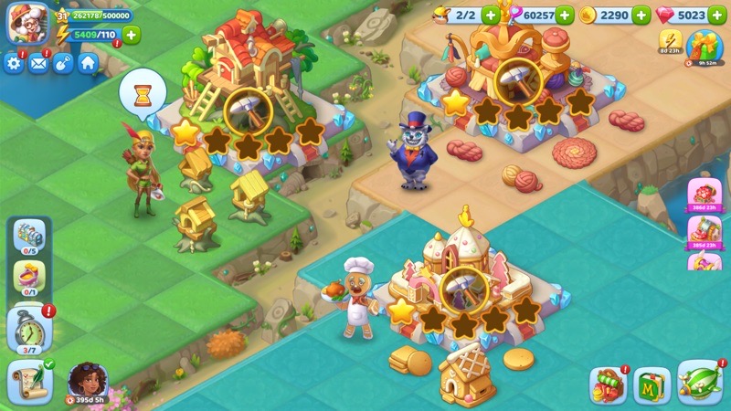 Merge Fables screenshot — merging objects on fairytale islands with an energy meter and timed events