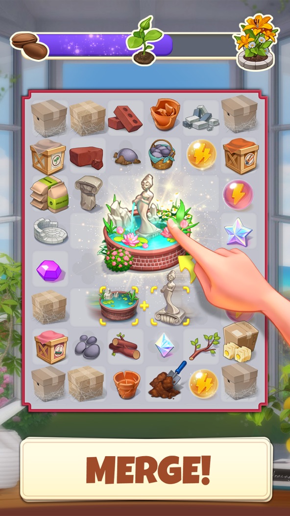 Merge Manor: Sunny House screenshot — a merge board of items with energy boosts, restoring a mansion