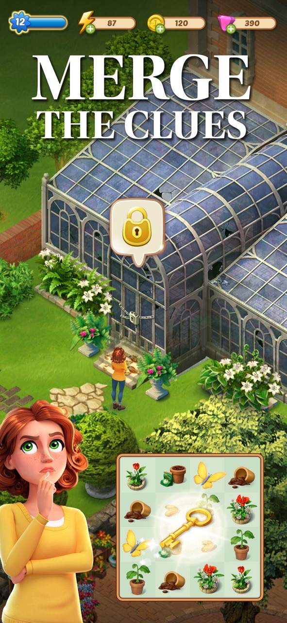 Merge Mansion screenshot — an energy bar, a merge grid of items, and a mansion to renovate