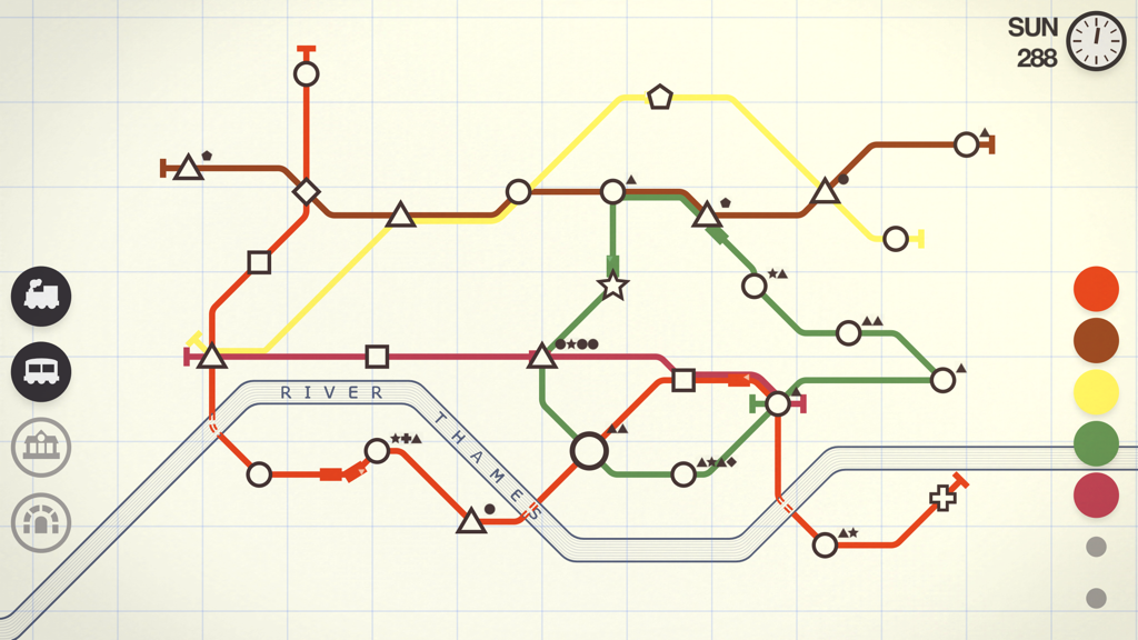 Mini Metro gameplay screenshot — drawing minimalist subway lines between coloured stations