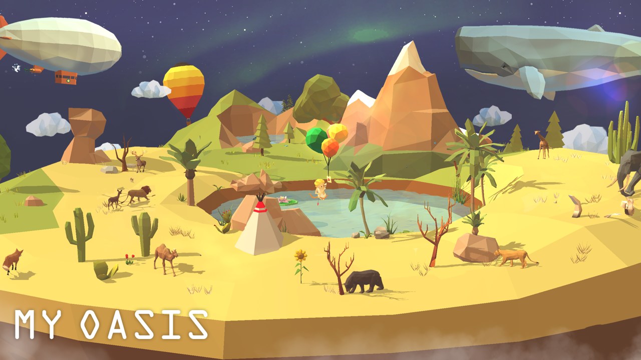 My Oasis screenshot — a tranquil low-poly island with animals, water, and a starry sky