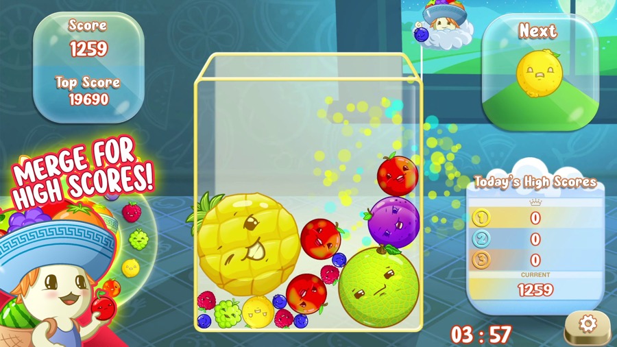 My Suika – Kyo's Fruit Merge gameplay screenshot — dropping cartoon fruit into a glass box