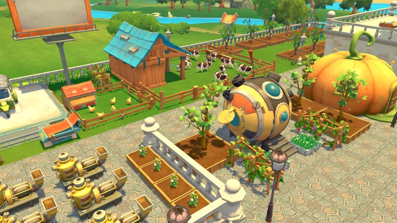 My Time at Portia gameplay screenshot — a colourful 3D town with crops, animals and buildings, a cozy life-sim like Animal Crossing
