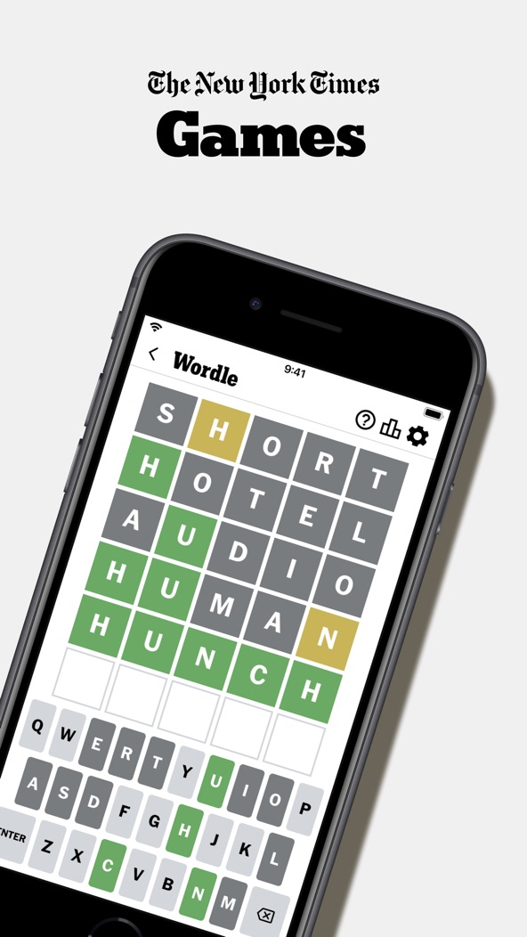 NYT Games screenshot — the Wordle letter grid on an iPhone, part of the New York Times Games app
