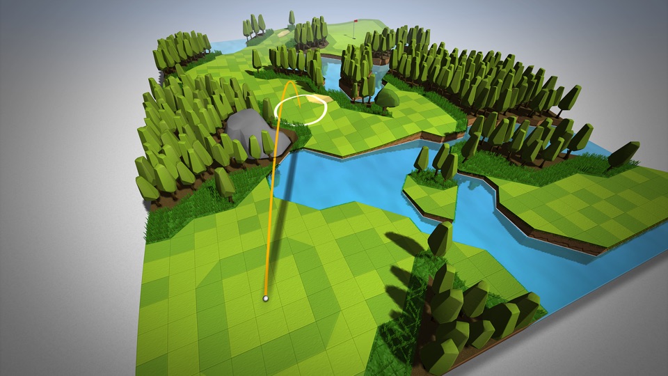 OK Golf gameplay screenshot — a tiny toy-like golf course in soft minimal colours, a calm one-thumb puzzle in the minimal spirit of Two Dots