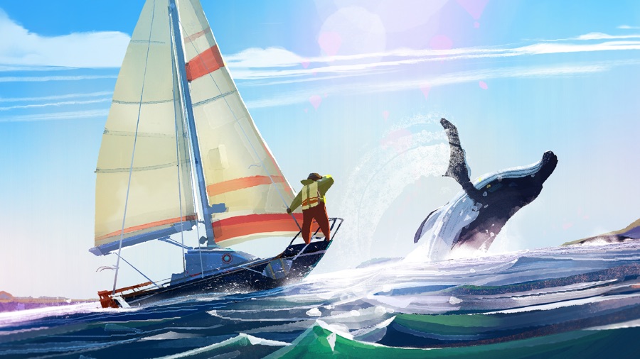 Old Man's Journey screenshot — a hand-painted seaside scene of an old man sailing past a breaching whale