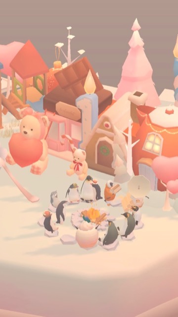 Penguin Isle gameplay screenshot — a pastel snowy island of cute penguins gathered around a campfire