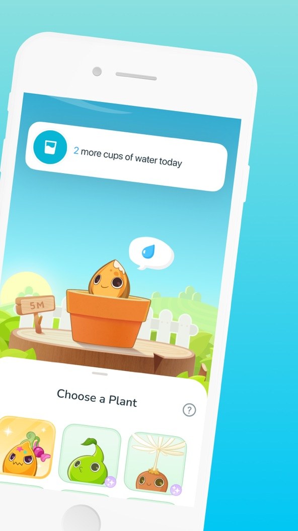 Plant Nanny gameplay screenshot — a cute potted plant character that grows as you log glasses of water, a gentle plant-care app like Kinder World