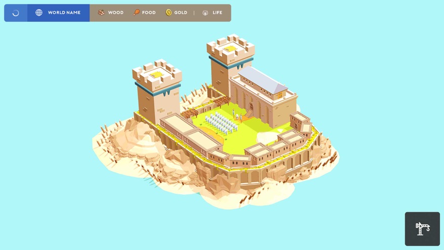 Pocket Build screenshot — an island fort and village being assembled piece by piece in a soft 3D sandbox