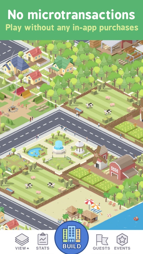 Pocket City screenshot — a tidy isometric town with roads, houses, and parks growing from a small map