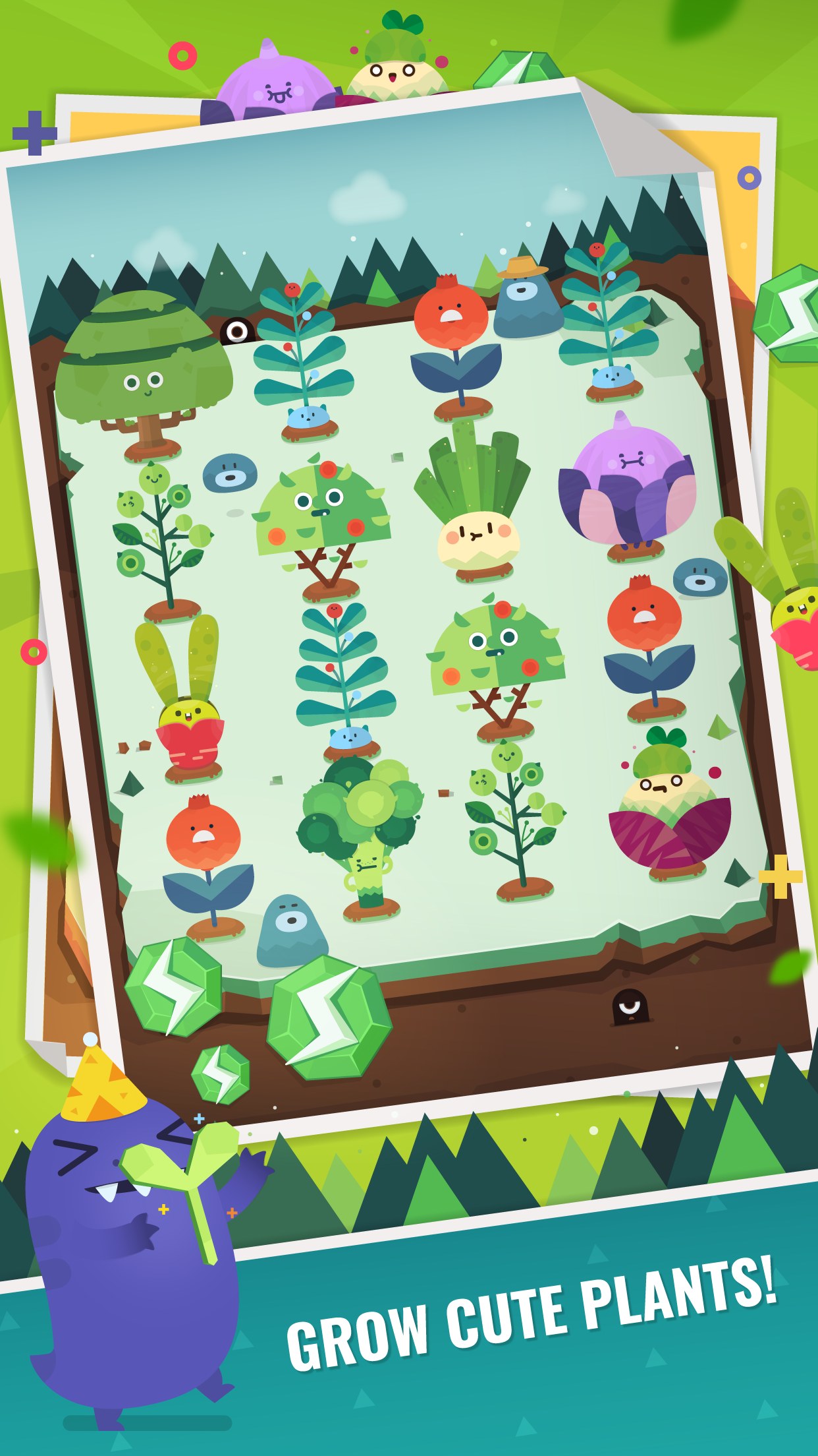 Pocket Plants screenshot — a cheerful collection of cute cartoon plants in a garden