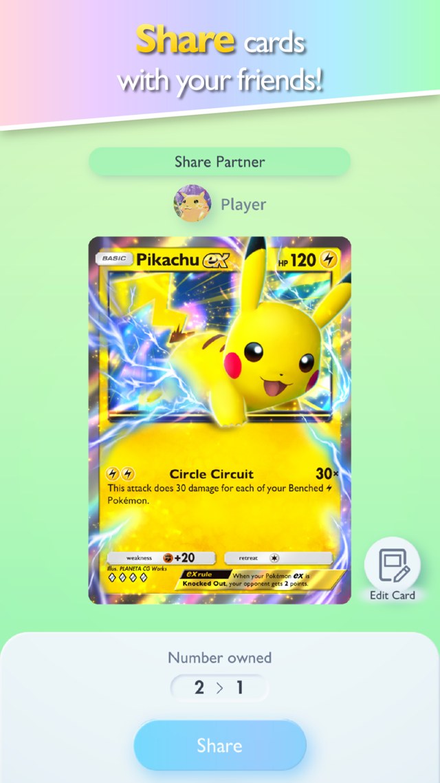 Pokémon TCG Pocket screenshot — a shiny Pikachu ex collectible card