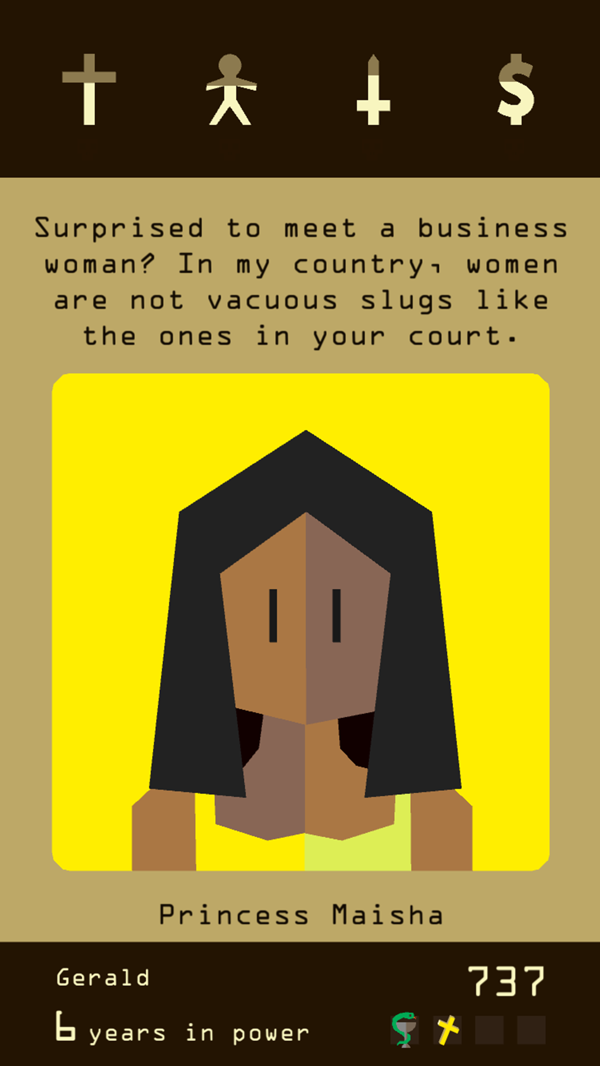 Reigns gameplay screenshot — swiping a monarch's decision card left or right