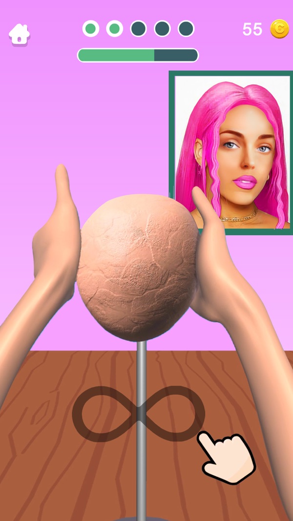 Sculpt People screenshot — smoothing a head of soft clay to match a reference photo