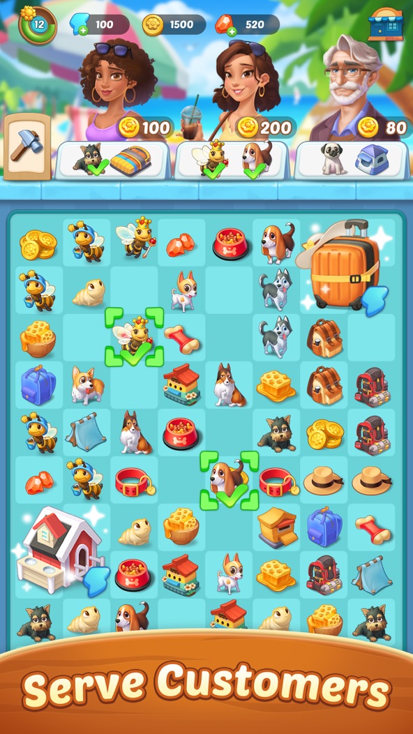 Seaside Escape screenshot — a merge board of seaside items with an energy meter and customer orders