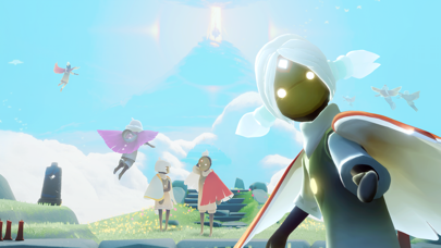 Sky: Children of the Light gameplay screenshot — a small robed figure flying over glowing clouds at golden hour