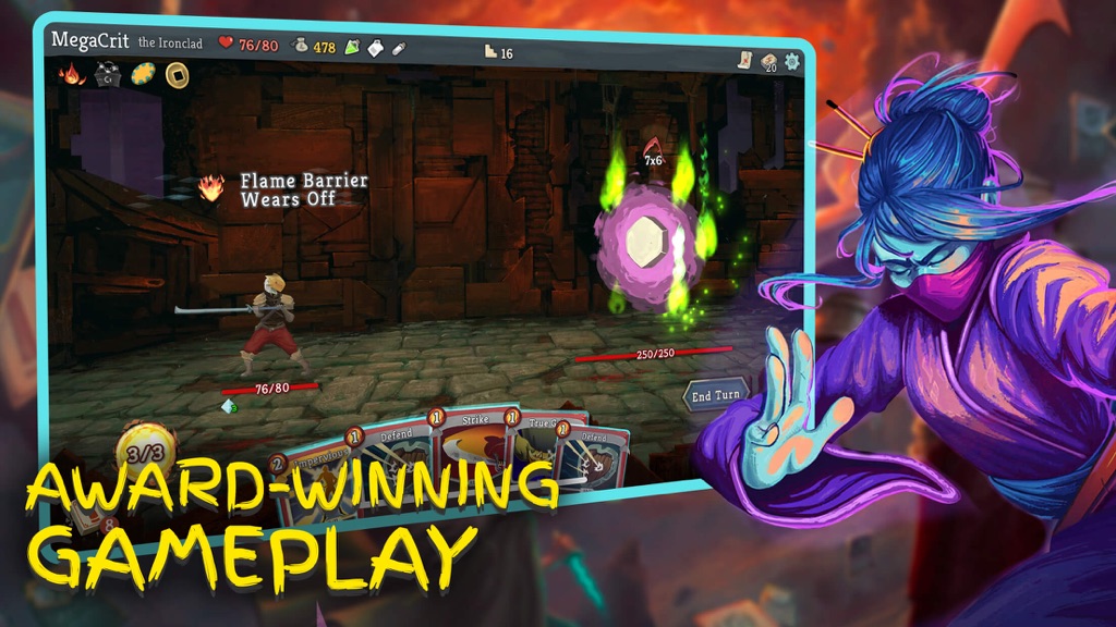 Slay the Spire gameplay screenshot — a card-based deckbuilding battle against a creature