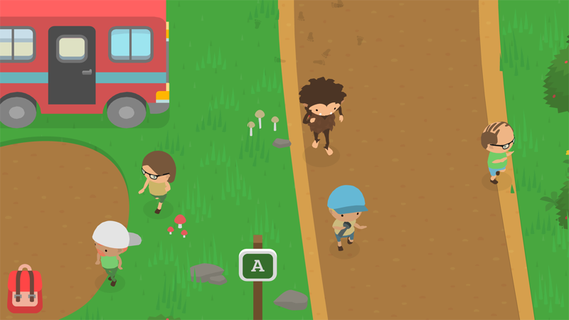 Sneaky Sasquatch gameplay screenshot — a cute sasquatch wandering an open campground world, a wholesome cozy life-sim like Animal Crossing