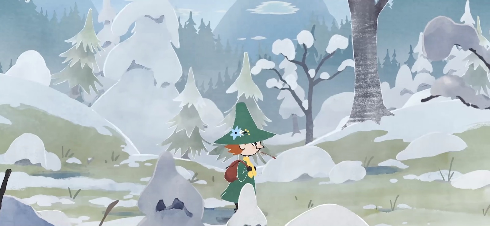 Snufkin: Melody of Moominvalley screenshot — Snufkin walking through a soft, painterly snowy forest