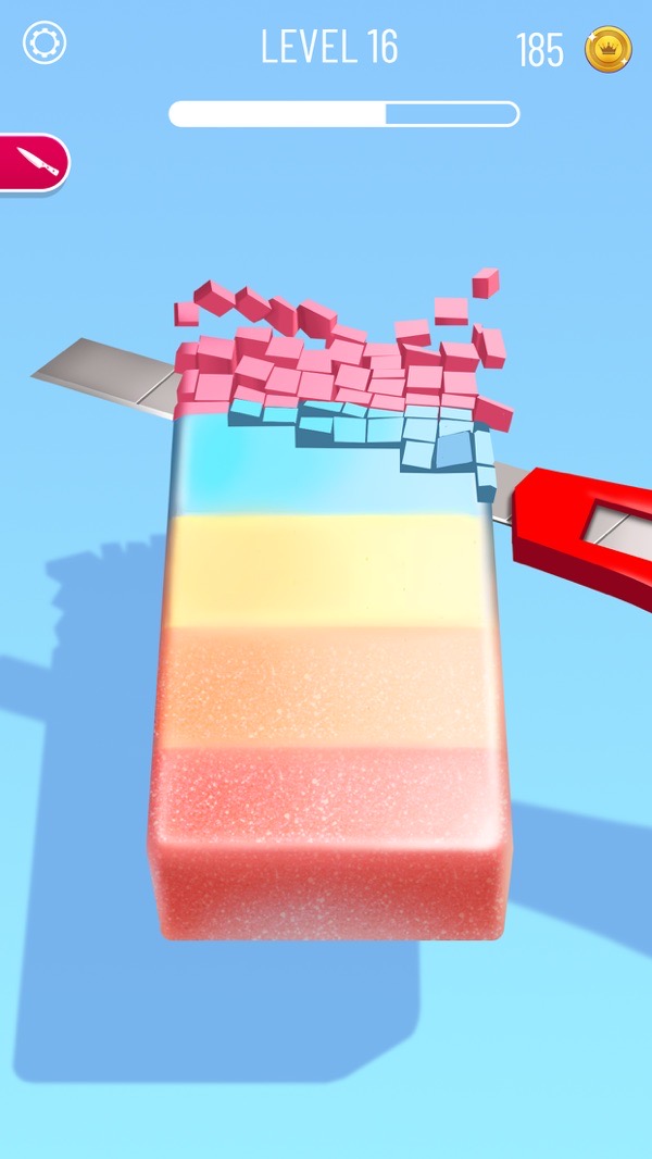 Soap Cutting screenshot — slicing a rainbow bar of soap into small cubes