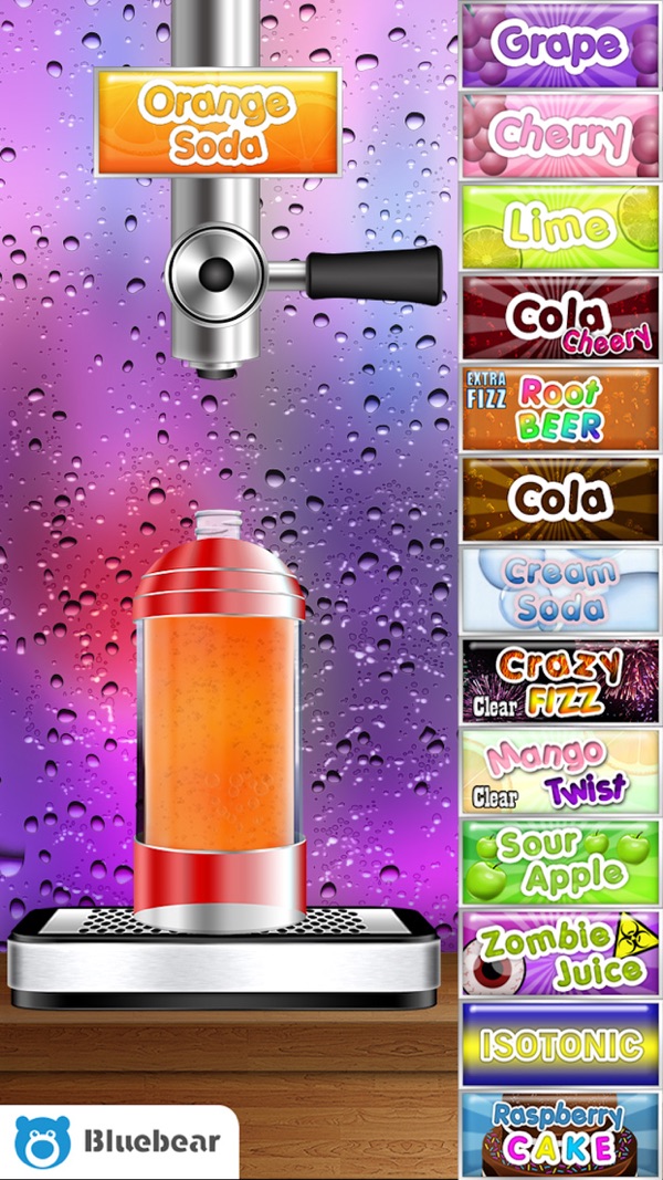 Soda Maker screenshot — orange soda filling a bottle on a fizz machine
