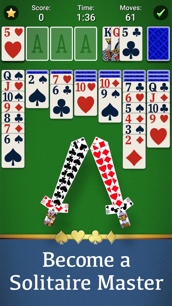 Solitaire screenshot — a classic Klondike card layout being dealt on a green felt table