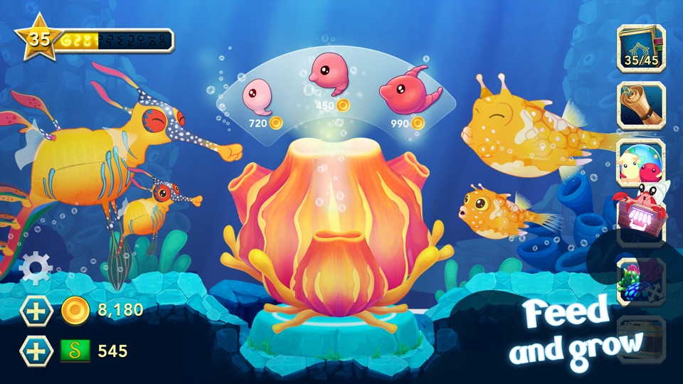 Splash — Fish Aquarium gameplay screenshot — feeding and growing colourful fish in a calm coral reef, a relaxing idle world like Tsuki's Odyssey