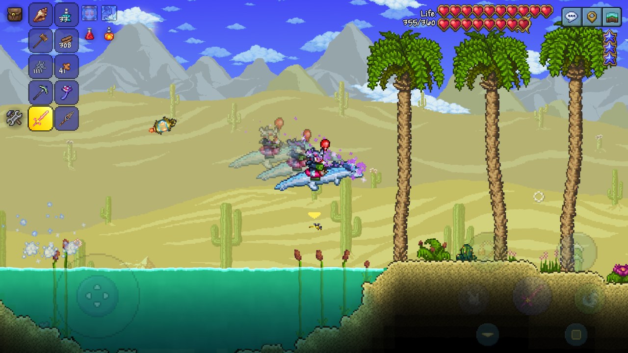 Terraria screenshot — a pixel-art adventurer exploring a desert biome with palm trees