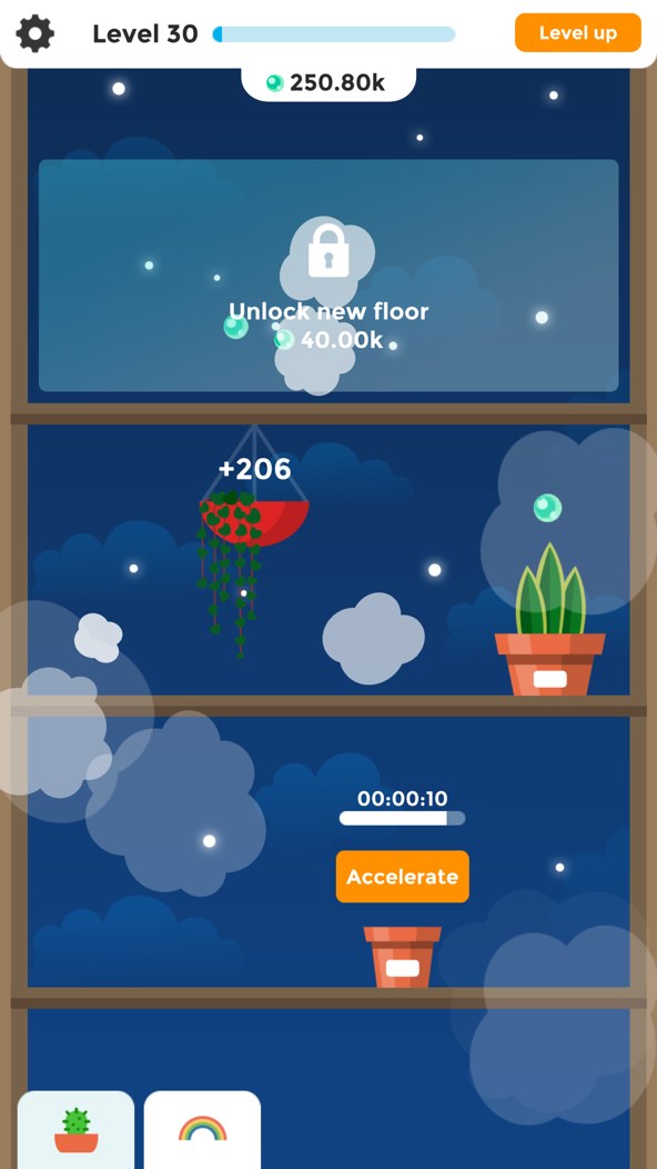 Terrarium: Garden Idle gameplay screenshot — shelves of cozy potted plants growing on their own, an idle garden game in the spirit of Kinder World