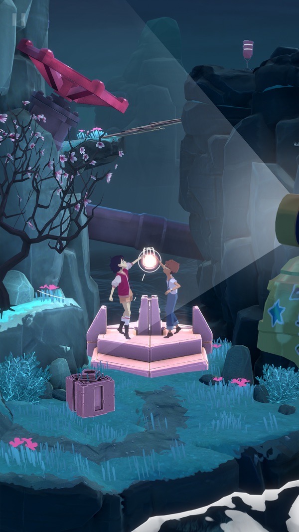 The Gardens Between gameplay screenshot — two friends on a dreamlike garden island