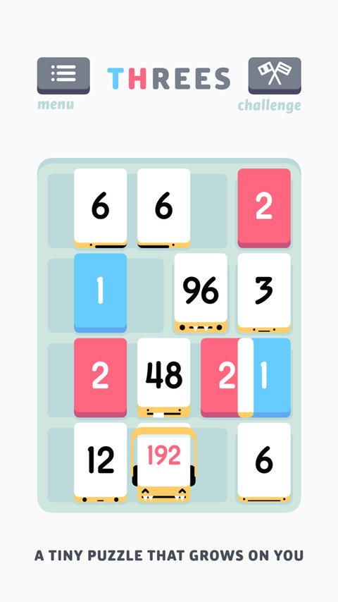 Threes! screenshot — sliding numbered tiles together on a small grid