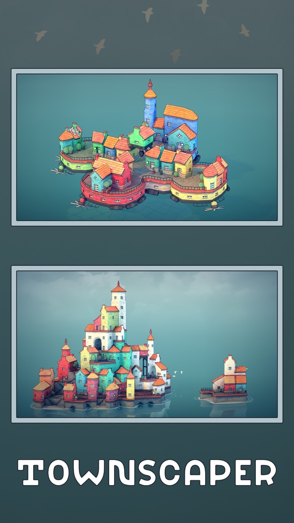 Townscaper screenshot — a colorful little island town built on calm blue water