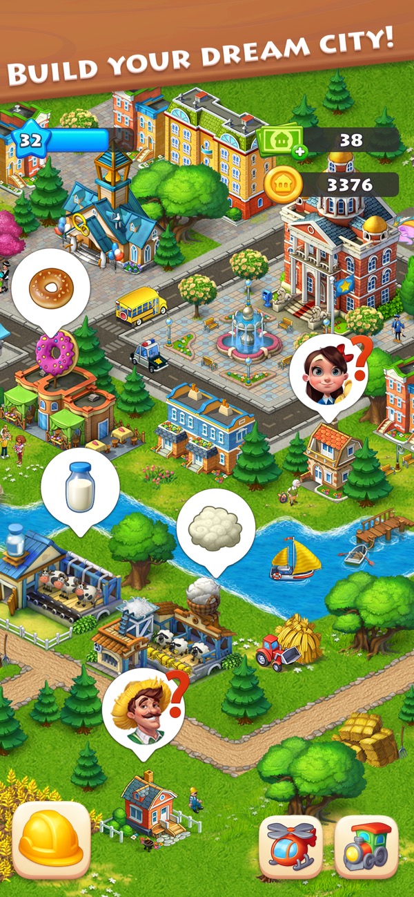 Township gameplay screenshot — building a town alongside a farm, a free farm-and-city builder like Stardew Valley