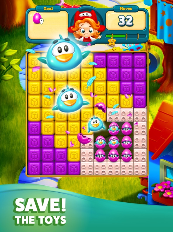Toy Blast screenshot — tapping matching toy cubes to clear a colourful puzzle level