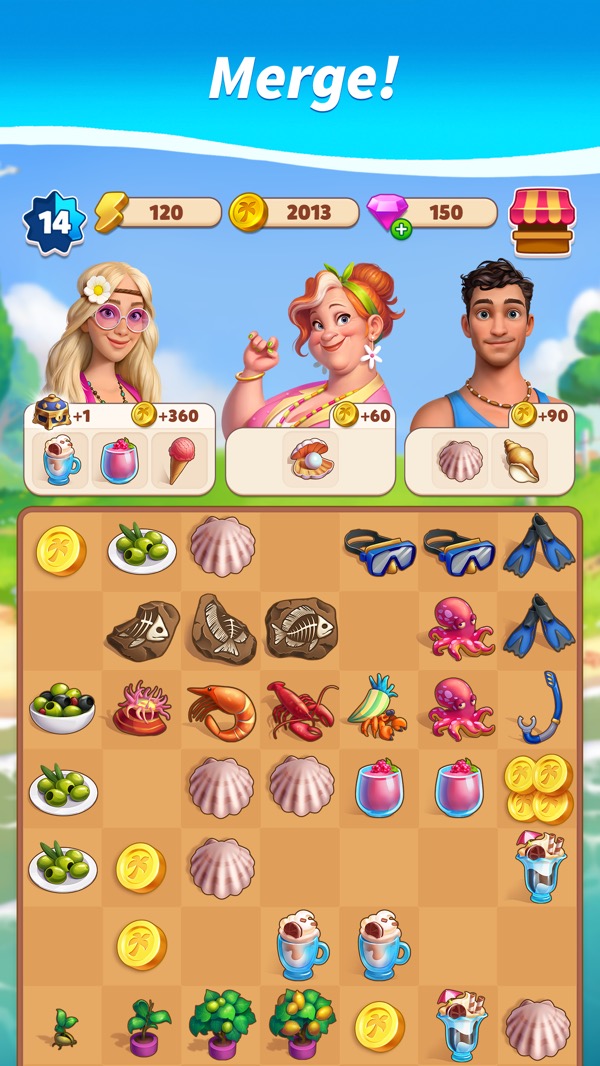 Travel Town screenshot — a merge board of items with an energy bar at the top