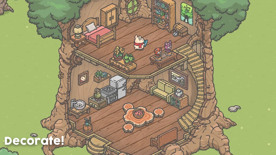 Tsuki's Odyssey gameplay screenshot — a cozy pixel treehouse home you decorate, in the relaxing idle style of Cats and Soup