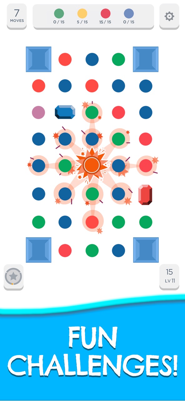 Two Dots screenshot — connecting colored dots into squares on a clean minimalist board