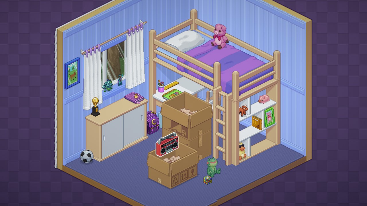Unpacking screenshot — an isometric child's bedroom being unpacked, with boxes, toys and a bunk bed