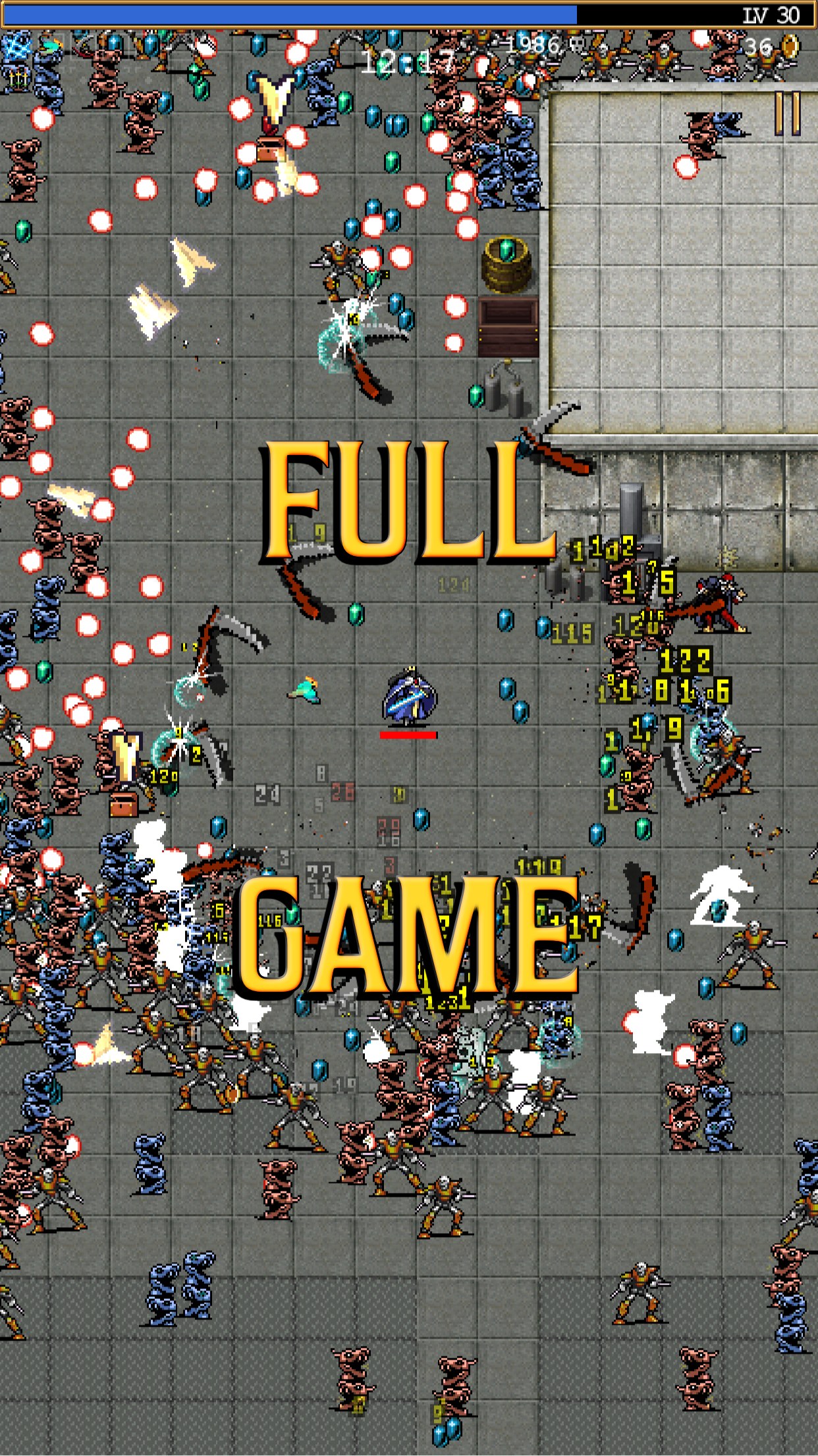 Vampire Survivors screenshot — a pixel character surrounded by swarms of enemies