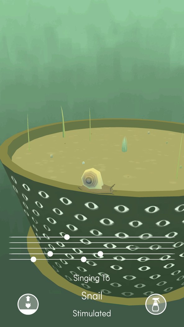 Viridi gameplay screenshot — a small pot of succulents growing in real time with a snail, a calm plant-care game like Kinder World
