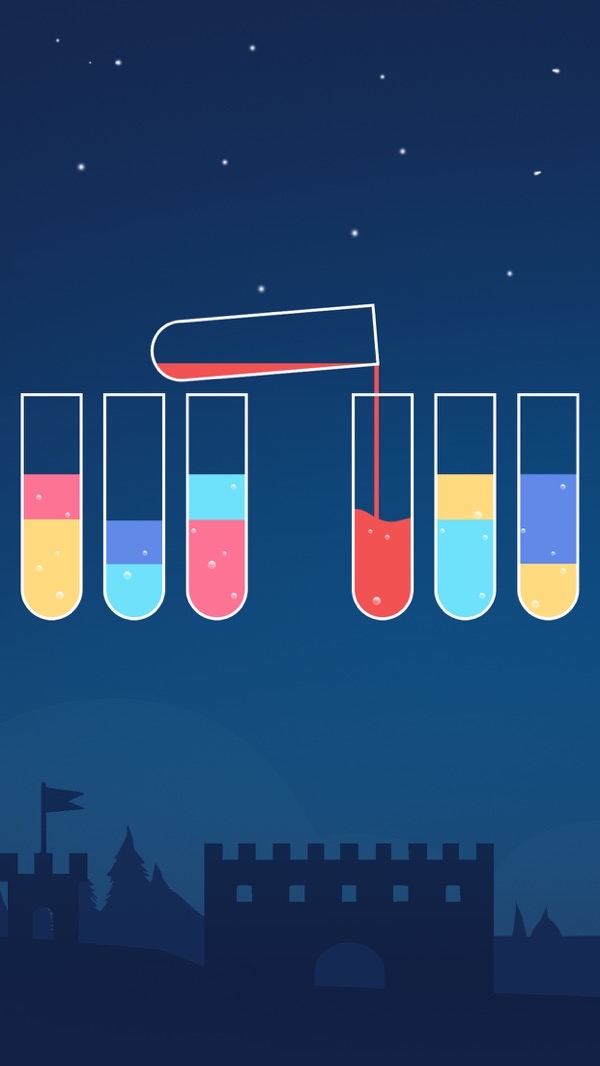 Water Sort Puzzle screenshot — pouring colored water between test tubes to sort it