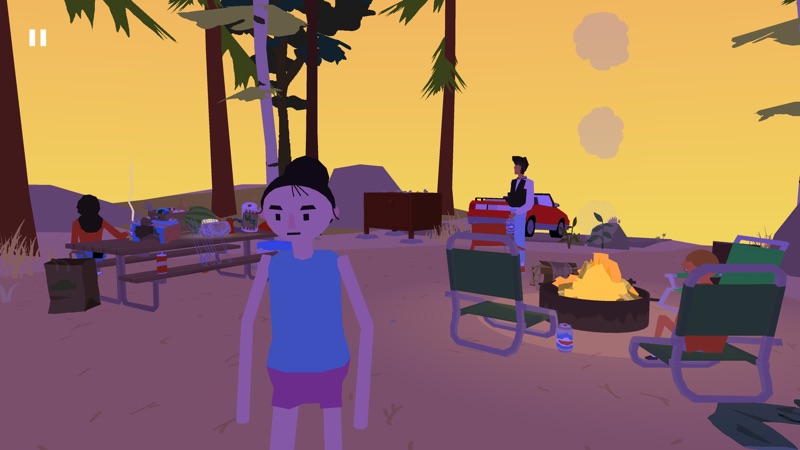 Wide Ocean Big Jacket screenshot — characters around a campfire on a beach at golden dusk