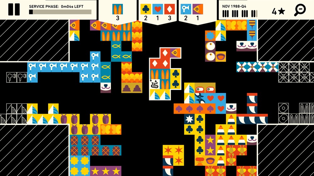 Wilmot's Warehouse screenshot — a grid of colorful product tiles being sorted across a warehouse floor