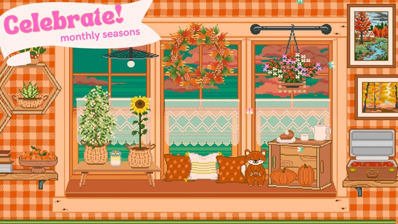 Window Garden gameplay screenshot — a cozy pixel-art windowsill decorated with plants and seasonal decor, a calm cottagecore game like Kinder World