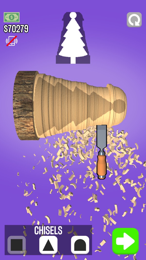 Woodturning 3D screenshot — shaving curls of wood off a spinning block on a lathe