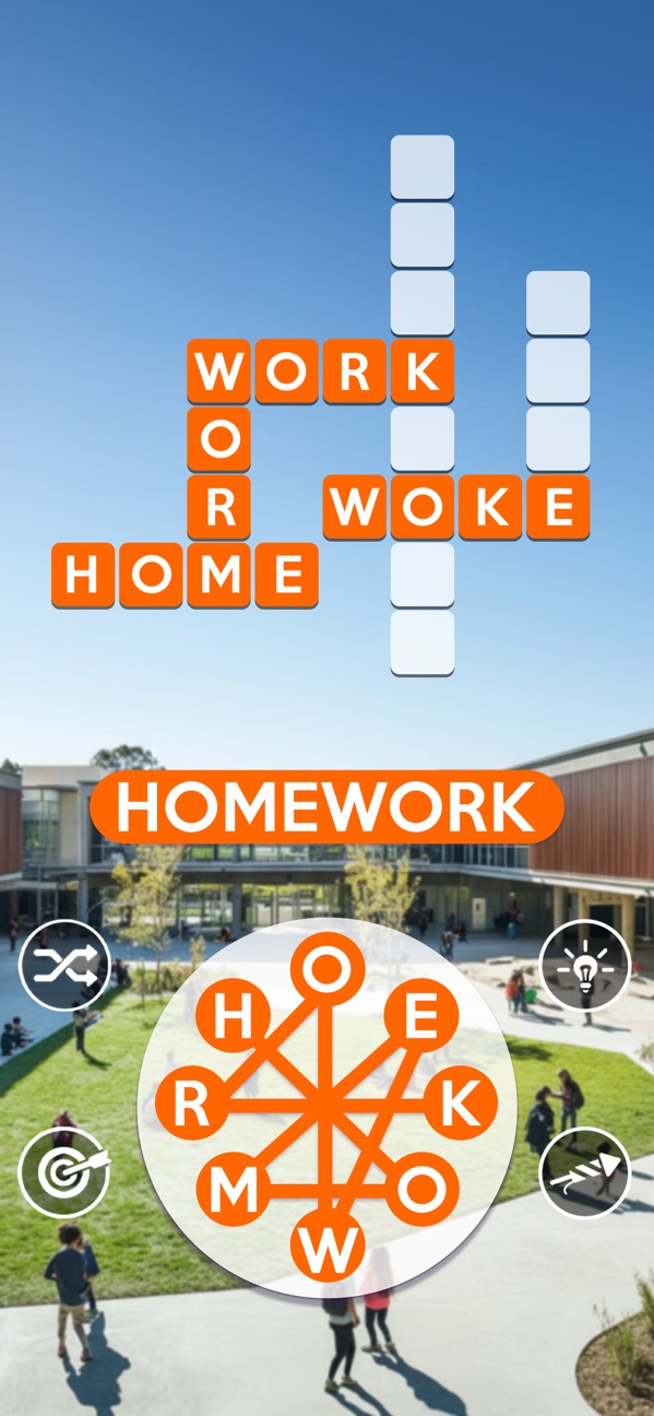 Wordscapes screenshot — swiping letters from a wheel to fill a crossword grid over a calm scenic background