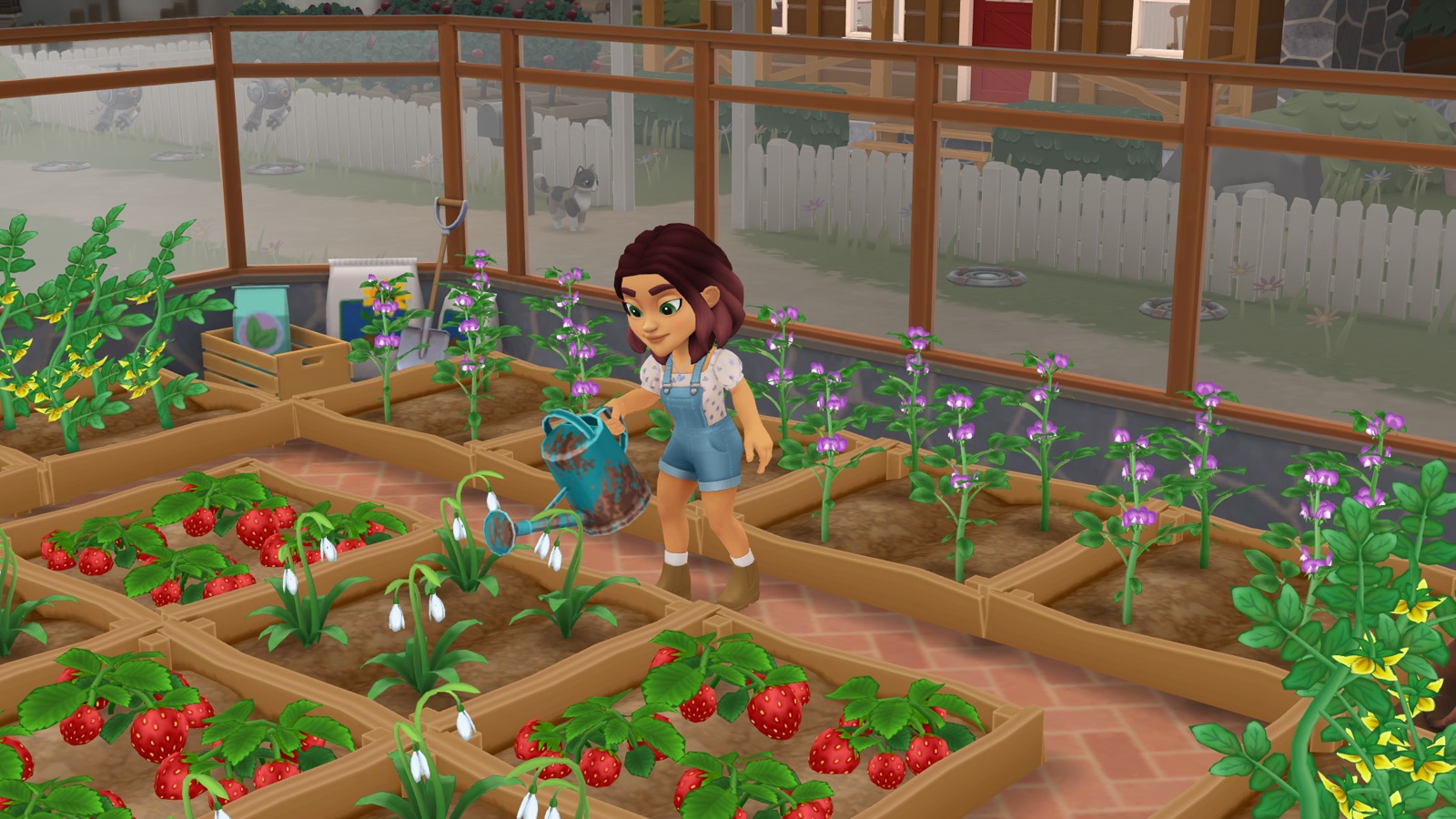Wylde Flowers gameplay screenshot — tending a greenhouse full of strawberries and flowers, a cozy farm-life sim like Stardew Valley